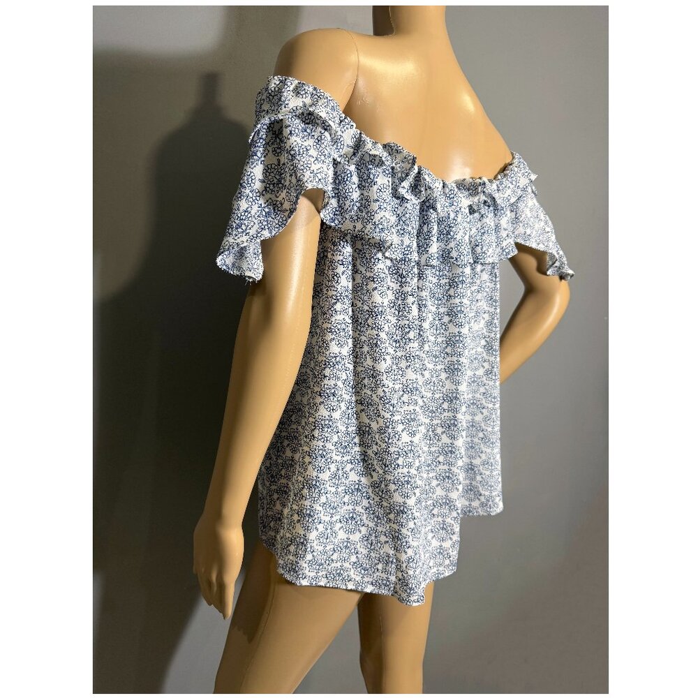 Blue & White Off-Shoulder Ruffle Top